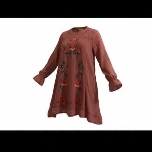 Umgee Rust Embroidered Long Sleeve Tunic Dress
